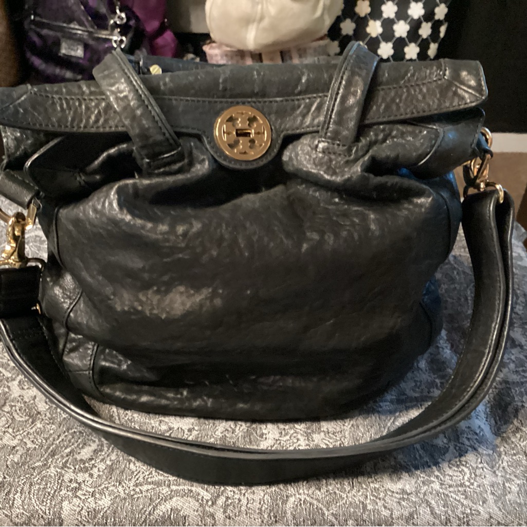 Tory Burch Black Leather Large Shoulder Bag With Handles And Strap Gold Hardware